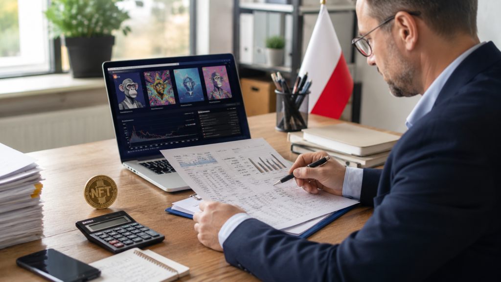 Doradca analizuje rozliczenie dochodów z cyfrowych dzieł NFT przy laptopie, dokumentach podatkowych i kalkulatorze.
