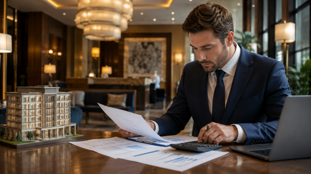 Menedżer hotelu obliczający podatek od nieruchomości na podstawie dokumentów finansowych