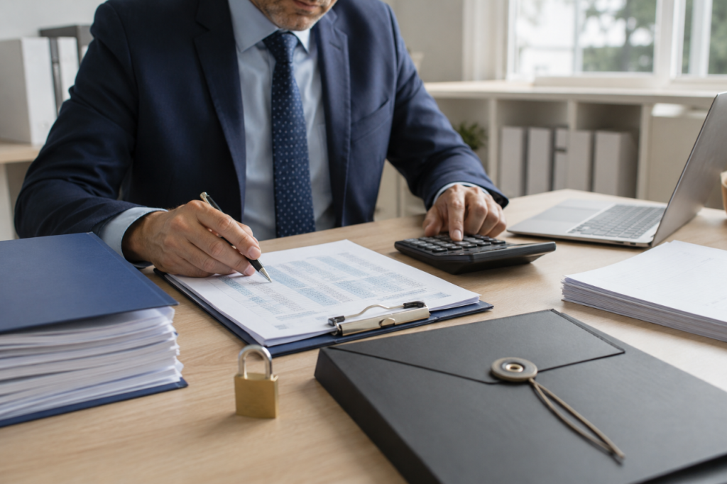 mężczyzna analizujący dokumenty finansowe przy kalkulatorze, laptopie i zamkniętej teczce jako symbol zabezpieczenia zobowiązań podatkowych