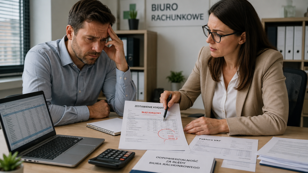 Realistyczna grafika przedstawiająca spotkanie w biurze rachunkowym, podczas którego zaniepokojony przedsiębiorca i księgowa analizują dokumenty z widocznym błędem księgowym, fakturą VAT, kalkulatorem i laptopem z danymi finansowymi, ilustrująca temat odpowiedzialności za błędy biura rachunkowego.