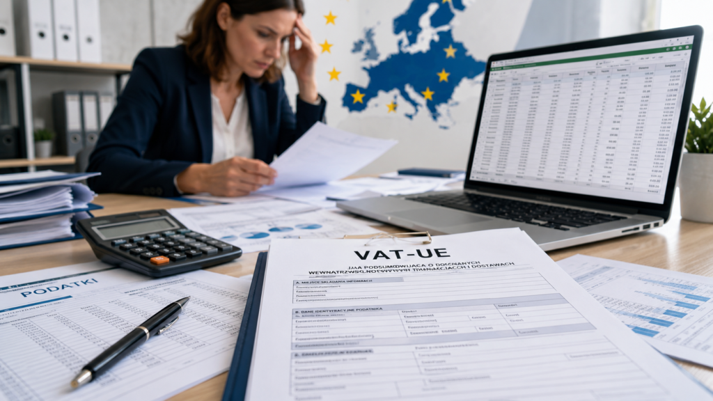 Realistyczna grafika przedstawiająca dokument VAT-UE na biurku, laptop z danymi księgowymi, kalkulator, dokumenty podatkowe oraz zestresowaną kobietę analizującą formularze na tle mapy Unii Europejskiej, ilustrująca temat konsekwencji związanych z VAT-UE.