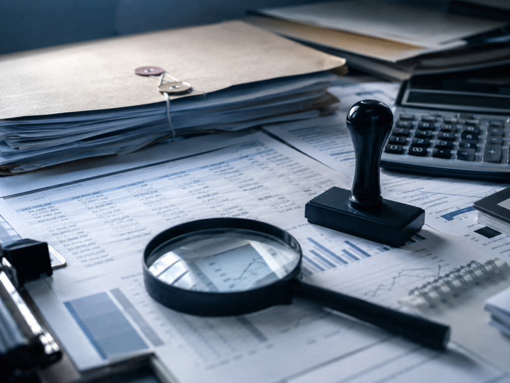 Dokumenty finansowe, pieczęć i lupa symbolizujące kontrolę poprzedzającą odmowę zwrotu VAT