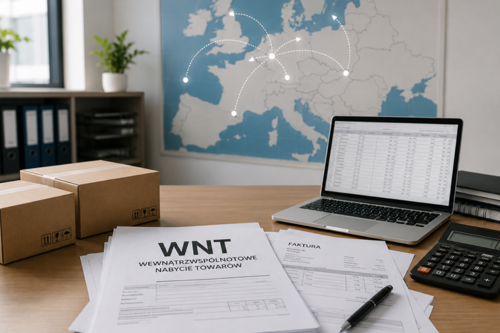 Realistyczna grafika przedstawiająca dokument WNT, fakturę, paczki, laptop z danymi księgowymi, kalkulator oraz mapę Europy z oznaczonymi kierunkami dostaw, ilustrująca temat wewnątrzwspólnotowego nabycia towarów i rozliczeń VAT.