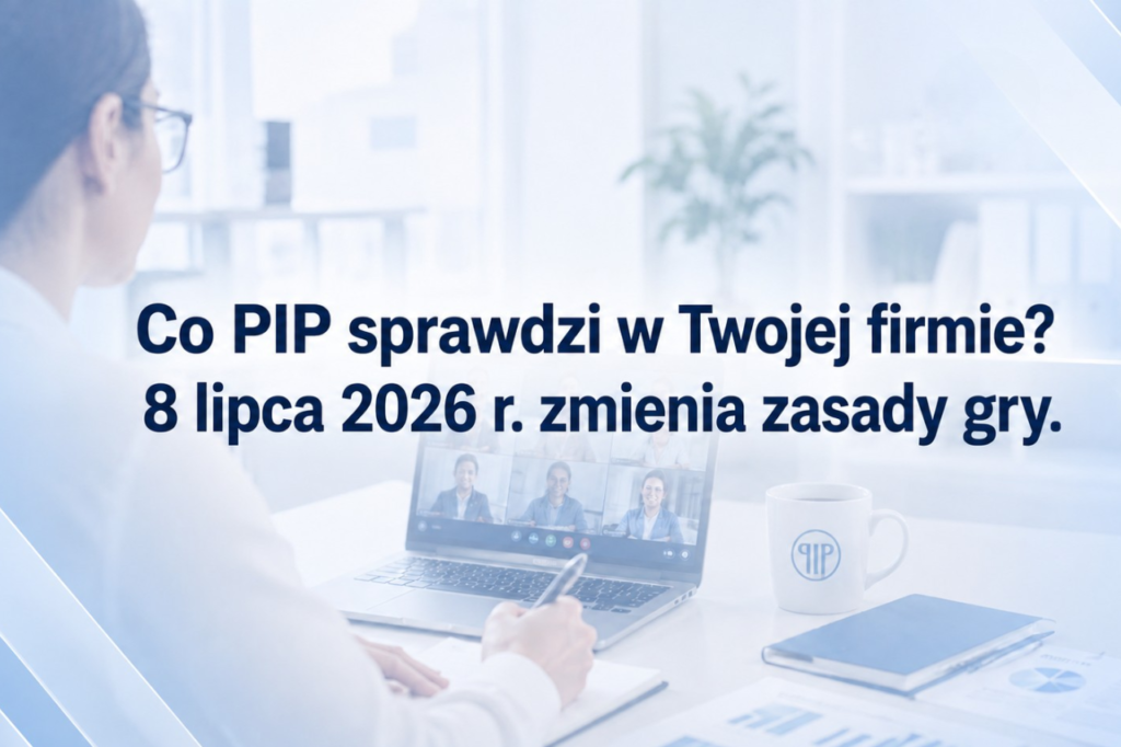 Grafika promująca webinar o kontroli PIP w firmie, z hasłem „Co PIP sprawdzi w Twojej firmie? 8 lipca 2026 r. zmienia zasady gry”, dokumentem kontroli PIP, laptopem, aktami i sylwetkami osób rozmawiających w biurze.