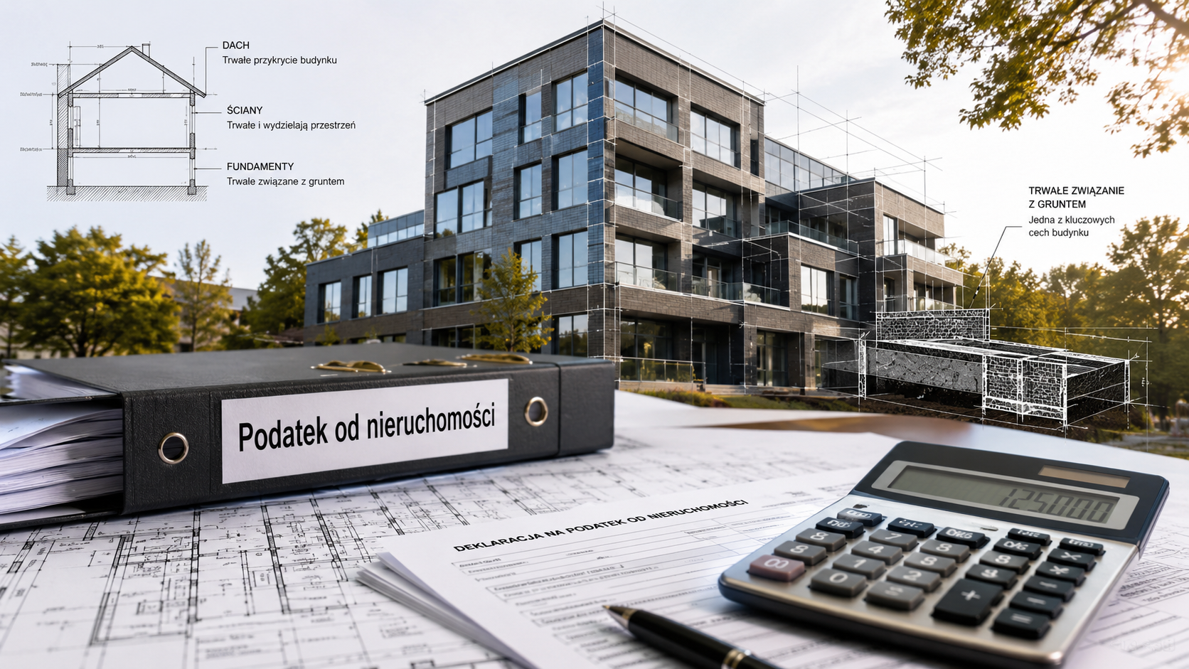Nowoczesny budynek z fundamentami, ścianami i dachem oraz dokumentami podatku od nieruchomości