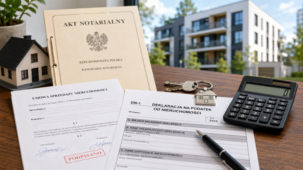 Dokument zakupu nieruchomości, akt notarialny i deklaracja podatku od nieruchomości po nabyciu domu lub mieszkania