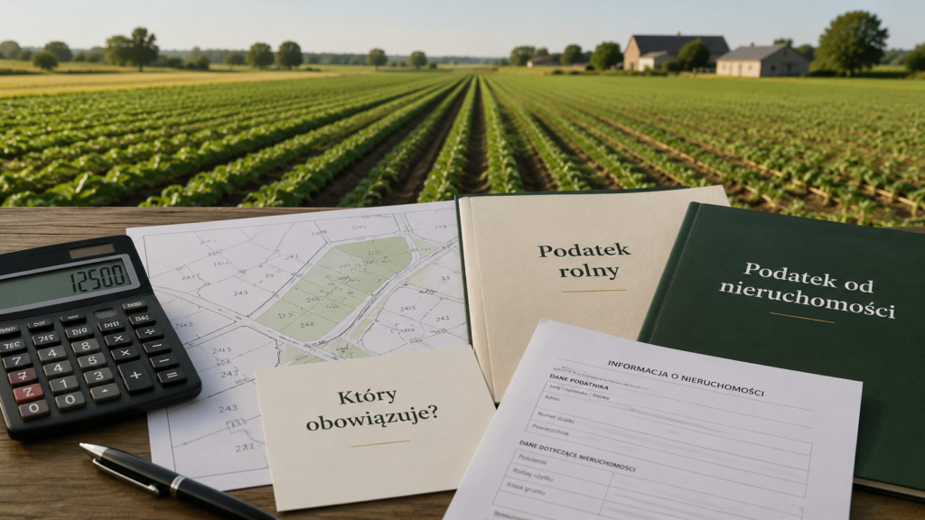 Pole rolne, mapa działek i kalkulator z dokumentami dotyczącymi podatku rolnego i podatku od nieruchomości