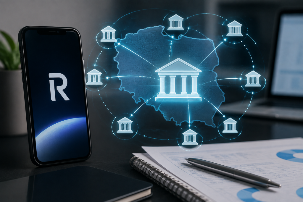 Smartfon z aplikacją Revolut na tle sieci połączeń między bankami w Polsce, symbolizującej system wymiany informacji bankowej.