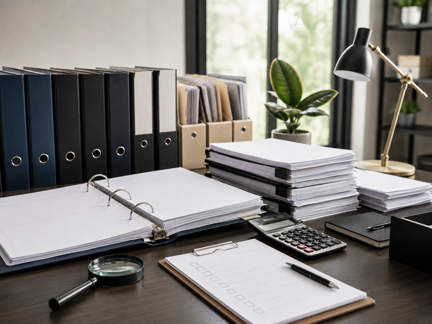 Dokumenty do audytu fundacji rodzinnej – segregatory, dokumentacja finansowa, lista kontrolna i kalkulator