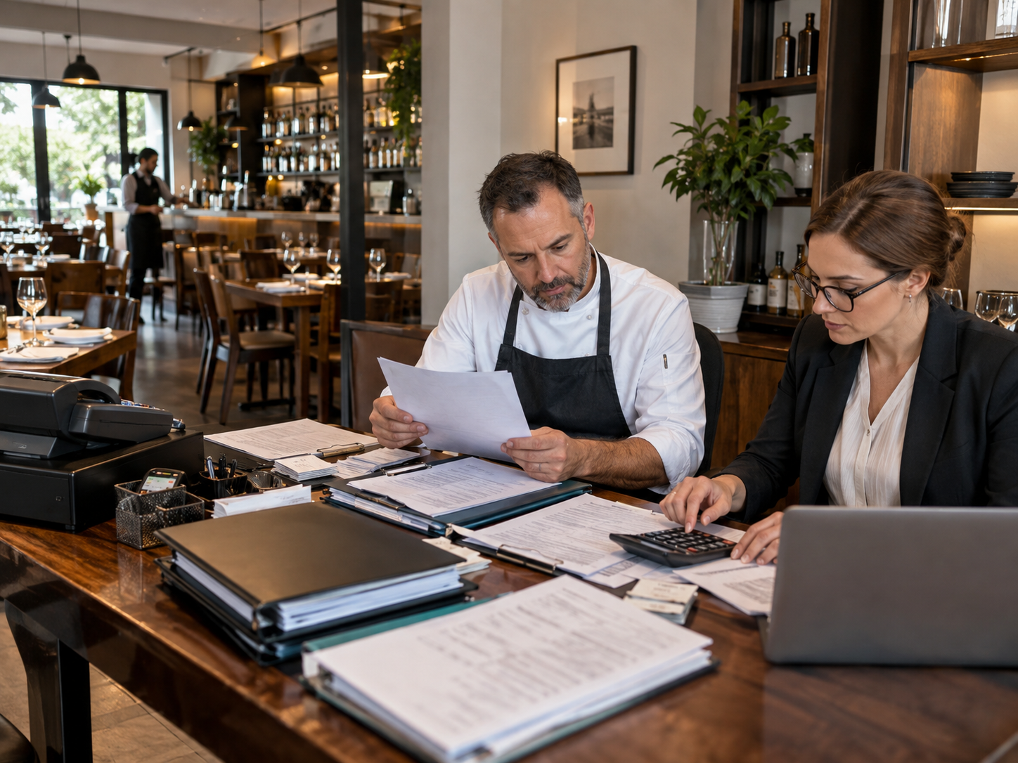 Przygotowanie restauracji do kontroli skarbowej – właściciel i księgowa sprawdzają dokumenty finansowe przy stanowisku kasowym.