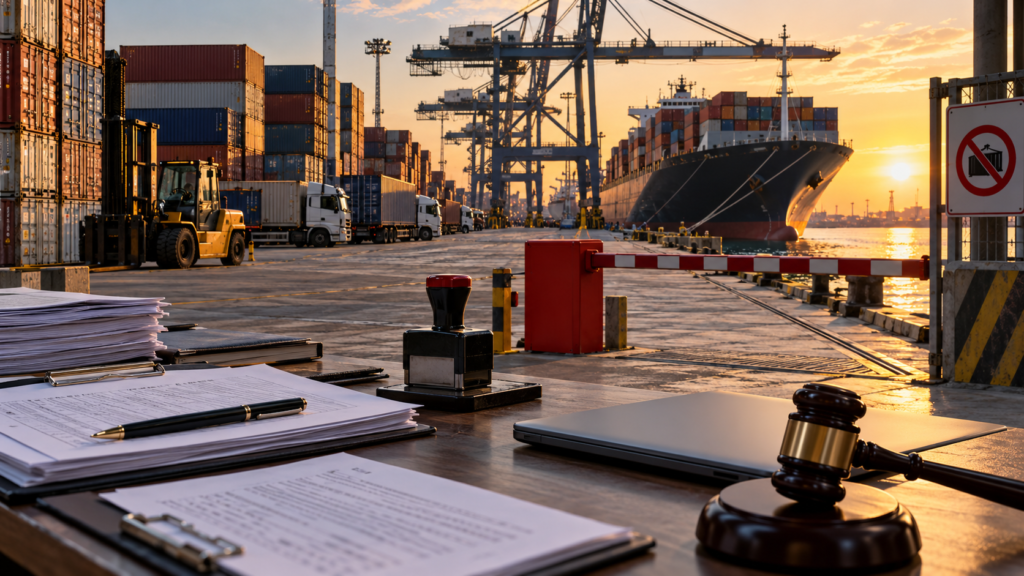 Port kontenerowy ze statkiem transportowym, ciężarówkami i dokumentacją prawną, symbolizujący sankcje gospodarcze i odpowiedzialność przedsiębiorcy w łańcuchu dostaw.
