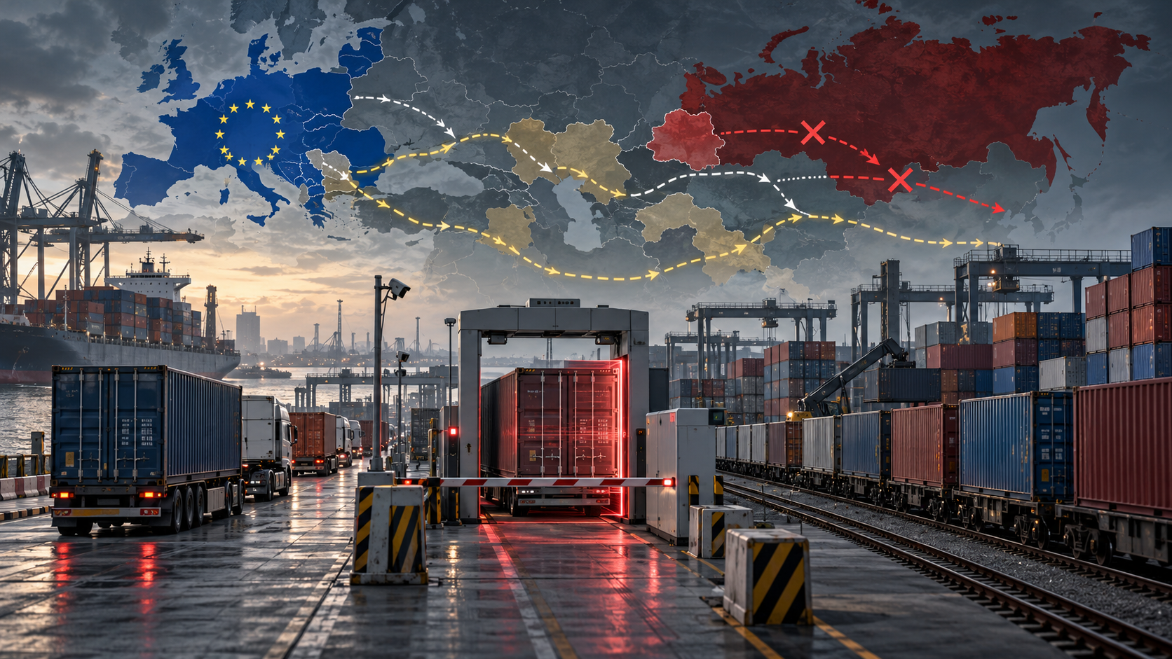 Realistyczna wizualizacja transportu towarowego z mapą szlaków handlowych ilustrującą ryzyko obchodzenia sankcji wobec Rosji i Białorusi przez państwa trzecie.